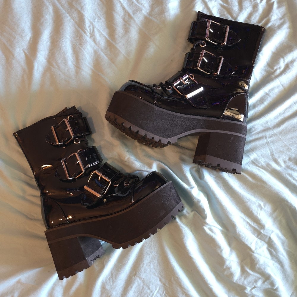 Demonia Black Platform Buckle Boots Womens 9 US